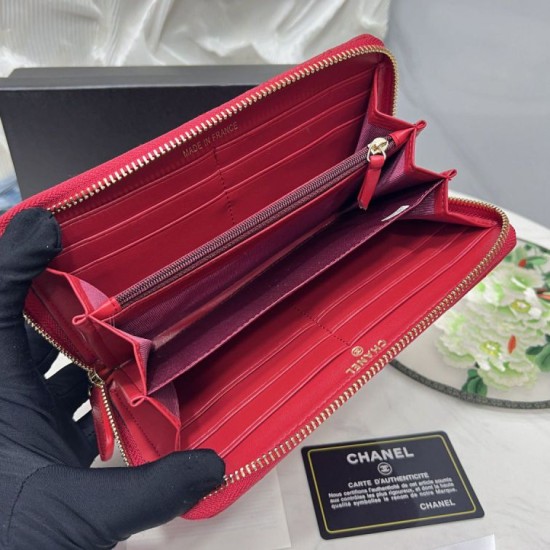 Replica Borse Dettagli perfetti Portafoglio Chanel con cerniera pelle trapuntata rosso caviale firmate