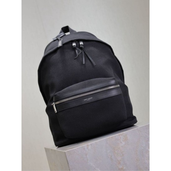 Replica di lusso Zaino YSL Saint Laurent City tela con finiture pelle nero Imitazioni Cloni Zaino YSL Saint Laurent City tela con finiture pelle nero firmate
