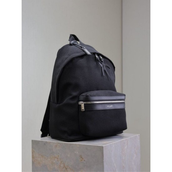 Replica di lusso Zaino YSL Saint Laurent City tela con finiture pelle nero Imitazioni Cloni Zaino YSL Saint Laurent City tela con finiture pelle nero firmate