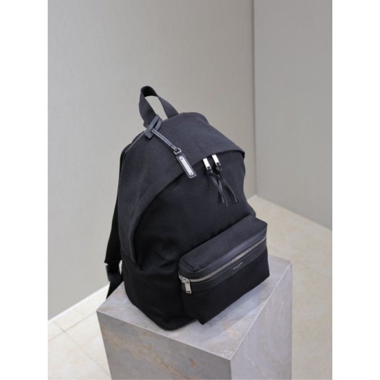 Replica di lusso Zaino YSL Saint Laurent City tela con finiture pelle nero Imitazioni Cloni Zaino YSL Saint Laurent City tela con finiture pelle nero firmate