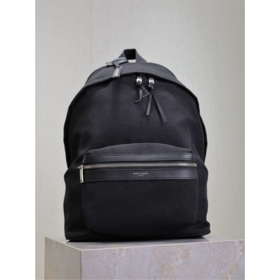 Replica di lusso Zaino YSL Saint Laurent City tela con finiture pelle nero Imitazioni Cloni Zaino YSL Saint Laurent City tela con finiture pelle nero firmate