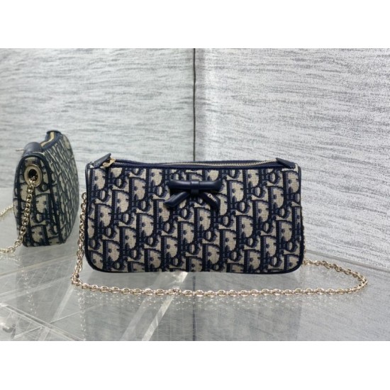 Replica di lusso Pochette Dior Oblique Bow con catena Blu Imitazioni Cloni Pochette Dior Oblique Bow con catena Blu firmate
