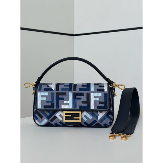 Replica di lusso Borsa a tracolla classica Fendi Baguette FF ricamato Blu Imitazioni Cloni Borsa a tracolla classica Fendi Baguette FF ricamato Blu firmate