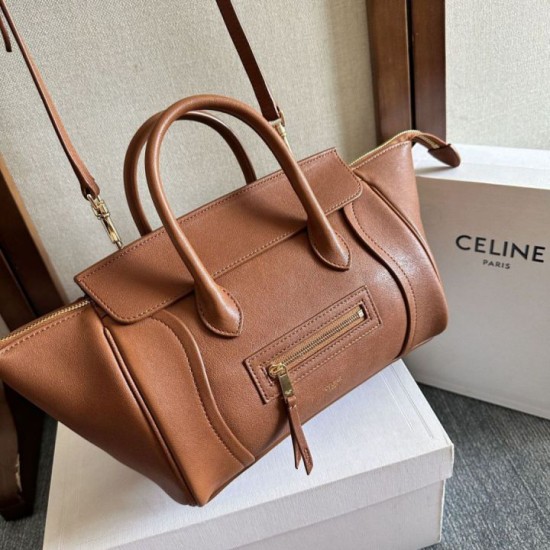 Cloni Borsa tote a spalla media Luggage Celine morbida pelle di agnello lucida marrone firmate