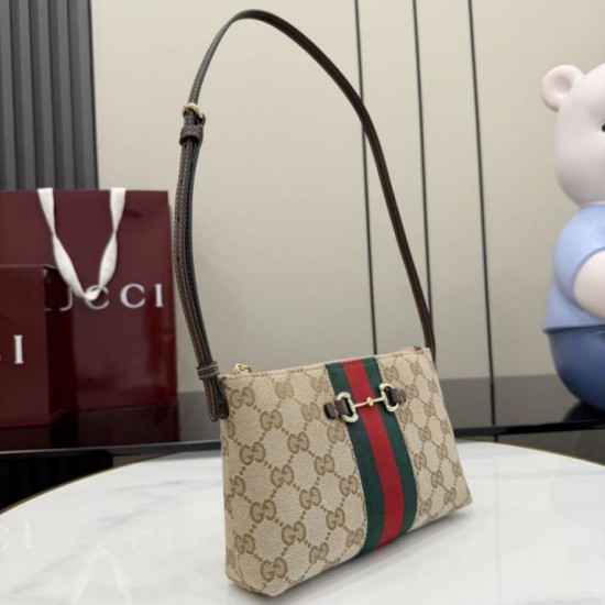 Cloni Borsa Replica a tracolla piccola Gucci 867130 Horsebit Web Tela GG marrone firmate