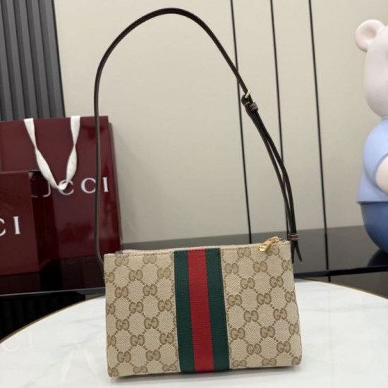 Cloni Borsa Replica a tracolla piccola Gucci 867130 Horsebit Web Tela GG marrone firmate
