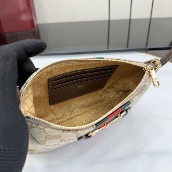 Cloni Borsa Replica a tracolla piccola Gucci 867130 Horsebit Web Tela GG marrone firmate
