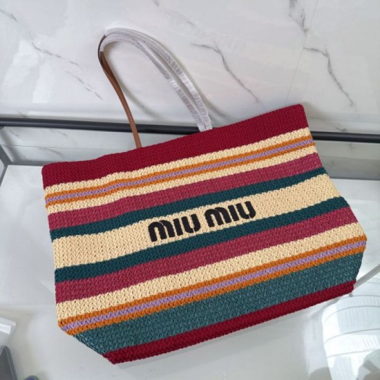 Replica di lusso Borsa tote a righe rafia Miu Miu 5BG228 lavorata all'uncinetto Imitazioni Cloni Borsa tote a righe rafia Miu Miu 5BG228 lavorata all'uncinetto firmate