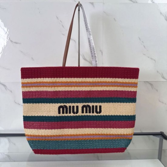 Replica di lusso Borsa tote a righe rafia Miu Miu 5BG228 lavorata all'uncinetto Imitazioni Cloni Borsa tote a righe rafia Miu Miu 5BG228 lavorata all'uncinetto firmate