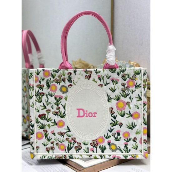 Cloni Borse Firmate Replica tote Dior Book multicolore con ricamo Daisy Garden e manico rosa firmate