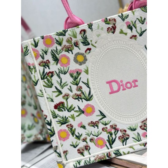 Cloni Borse Firmate Replica tote Dior Book multicolore con ricamo Daisy Garden e manico rosa firmate