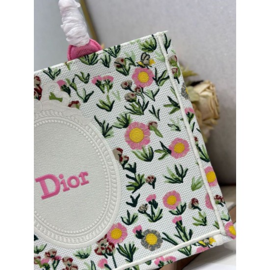 Cloni Borse Firmate Replica tote Dior Book multicolore con ricamo Daisy Garden e manico rosa firmate