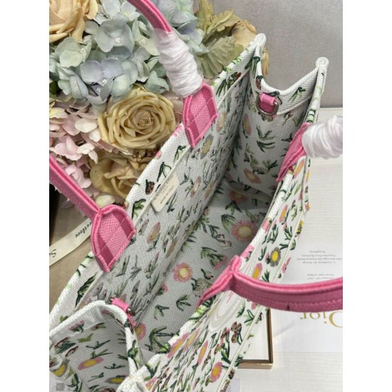 Cloni Borse Firmate Replica tote Dior Book multicolore con ricamo Daisy Garden e manico rosa firmate