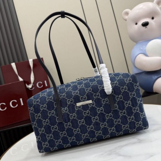Replica di lusso Borse Firmate Gucci Melrose Boston media denim GG blu scuro Imitazioni Cloni Borse Firmate Replica Gucci Melrose Boston media denim GG blu scuro firmate