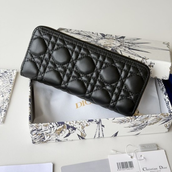 Replica di lusso Portafoglio con cerniera Dior Lady Dior Voyageur nero Imitazioni Cloni Portafoglio con cerniera Dior Lady Dior Voyageur nero firmate