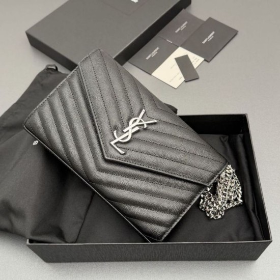 Replica Portafoglio a catena YSL Saint Laurent Envelope pelle originale nero argento Imitazioni Replica perfette Portafoglio a catena YSL Saint Laurent Envelope pelle originale nero argento