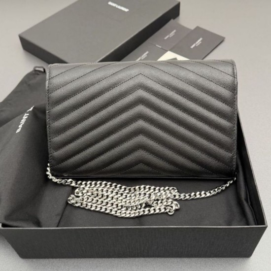 Replica Portafoglio a catena YSL Saint Laurent Envelope pelle originale nero argento Imitazioni Replica perfette Portafoglio a catena YSL Saint Laurent Envelope pelle originale nero argento