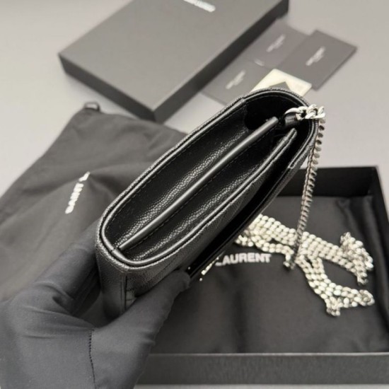 Replica Portafoglio a catena YSL Saint Laurent Envelope pelle originale nero argento Imitazioni Replica perfette Portafoglio a catena YSL Saint Laurent Envelope pelle originale nero argento