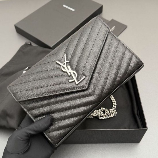 Replica Portafoglio a catena YSL Saint Laurent Envelope pelle originale nero argento Imitazioni Replica perfette Portafoglio a catena YSL Saint Laurent Envelope pelle originale nero argento