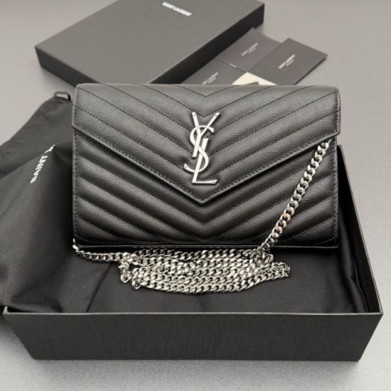 Replica Portafoglio a catena YSL Saint Laurent Envelope pelle originale nero argento Imitazioni Replica perfette Portafoglio a catena YSL Saint Laurent Envelope pelle originale nero argento