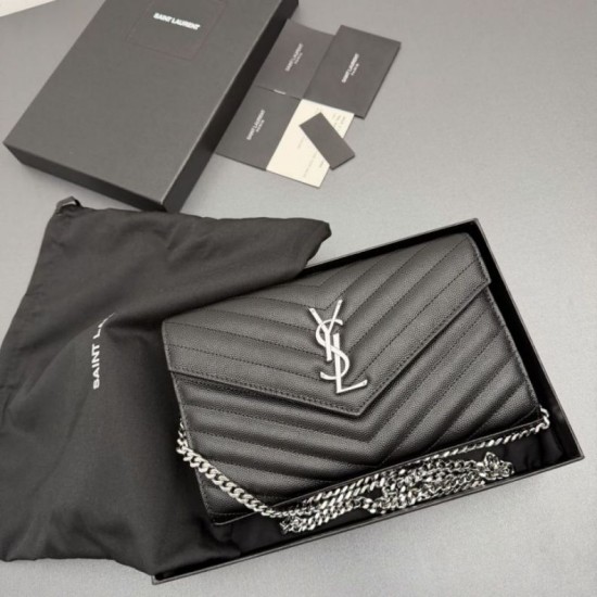 Replica Portafoglio a catena YSL Saint Laurent Envelope pelle originale nero argento Imitazioni Replica perfette Portafoglio a catena YSL Saint Laurent Envelope pelle originale nero argento