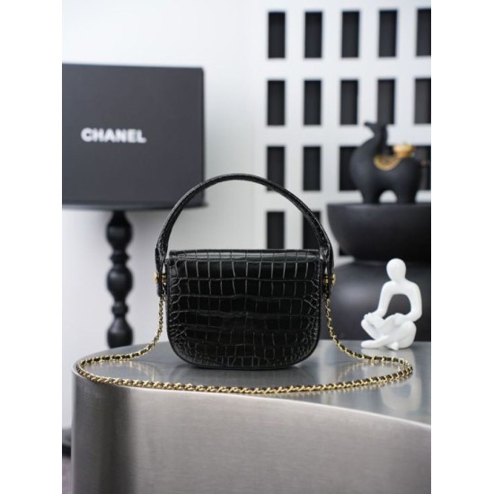 Replica Mini borsa a tracolla Chanel stampa coccodrillo AS6424 Nero Imitazioni Replica perfette Mini borsa a tracolla Chanel stampa coccodrillo AS6424 Nero