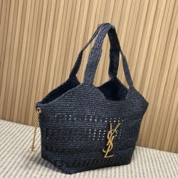 Replica perfette Borsa tote Icare YSL Saint Laurent con intreccio rafia Nero