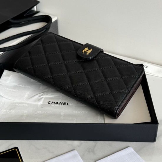 Replica Portafoglio lungo Chanel in pelle caviar trapuntata Nero