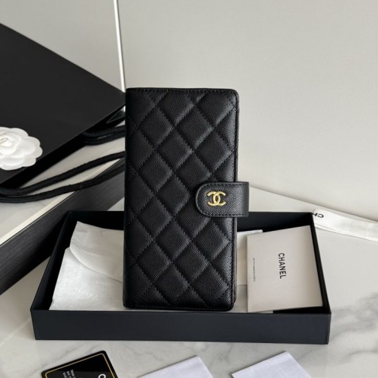 Replica Portafoglio lungo Chanel in pelle caviar trapuntata Nero
