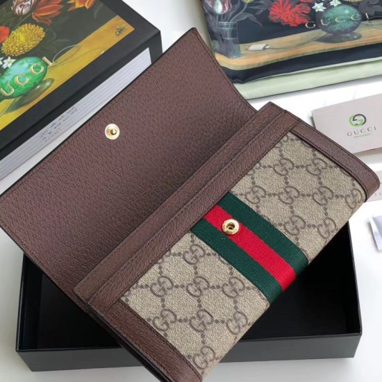 Riproduzione Fedele Pari replica Ophidia GG Continental Wallet 523153 Marrone imitazioni Replica Alta Qualità Pari Ophidia GG Continental Wallet 523153 Marrone