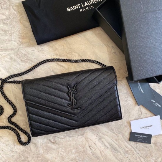 Cloni Firmate Portafoglio con catena YSL Saint Laurent con busta a catena in pelle martellata nera nera hardware imitazioni