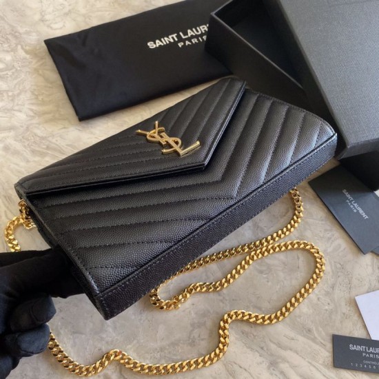 Portafoglio con catena YSL Saint Laurent con busta a catena in pelle martellata Hardware nero oro Dupe Perfetta Cloni Firmate Portafoglio con catena YSL Saint Laurent con busta a catena in pelle martellata Hardware nero oro imitazioni