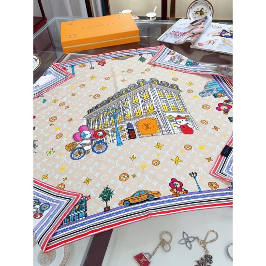 LV Silk Vivienne Xmas Square 90 M77905 Beige LV Silk Vivienne Xmas Square 90 M77905 Beige
