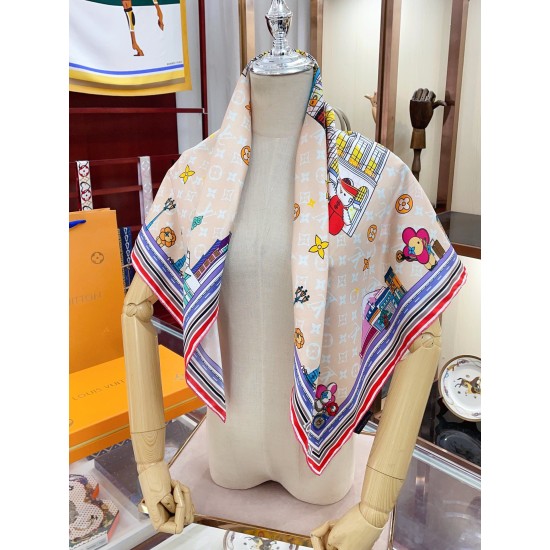 LV Silk Vivienne Xmas Square 90 M77905 Beige LV Silk Vivienne Xmas Square 90 M77905 Beige