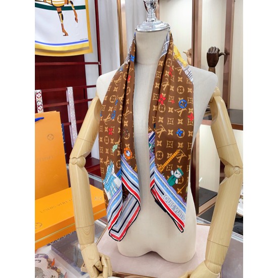 LV Silk Vivienne Xmas Square 90 M77905 Marrone
