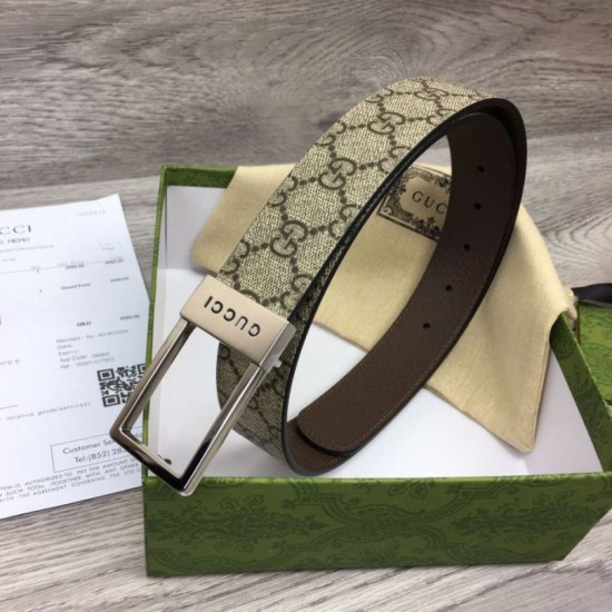 Replica Cintura Gucci GG con fibbia rettangolare 722370 35mm Marrone Argento imitazioni Miglior Prezzo Cintura Gucci GG con fibbia rettangolare 722370 35mm Marrone Argento Replica