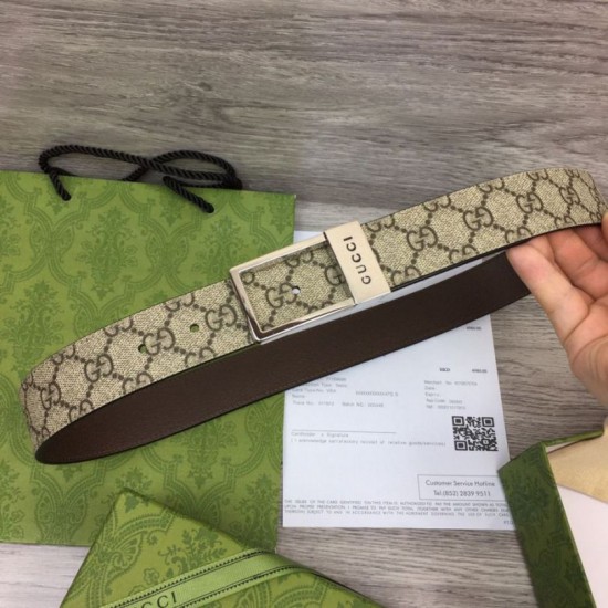 Replica Cintura Gucci GG con fibbia rettangolare 722370 35mm Marrone Argento imitazioni Miglior Prezzo Cintura Gucci GG con fibbia rettangolare 722370 35mm Marrone Argento Replica
