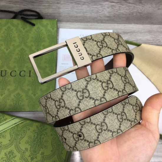 Replica Cintura Gucci GG con fibbia rettangolare 722370 35mm Marrone Argento imitazioni Miglior Prezzo Cintura Gucci GG con fibbia rettangolare 722370 35mm Marrone Argento Replica