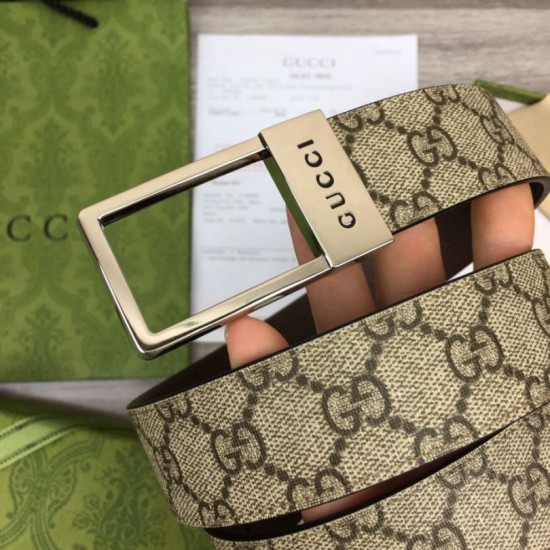 Replica Cintura Gucci GG con fibbia rettangolare 722370 35mm Marrone Argento imitazioni Miglior Prezzo Cintura Gucci GG con fibbia rettangolare 722370 35mm Marrone Argento Replica