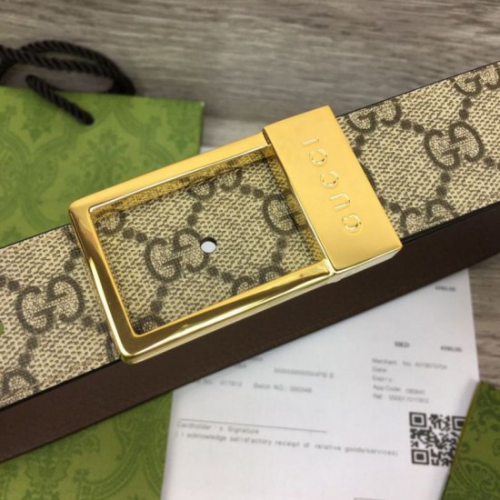 Replica Cintura Gucci GG con fibbia rettangolare 722370 35mm Marrone Oro imitazioni Miglior Prezzo Cintura Gucci GG con fibbia rettangolare 722370 35mm Marrone Oro Replica