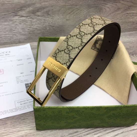Replica Cintura Gucci GG con fibbia rettangolare 722370 35mm Marrone Oro imitazioni Miglior Prezzo Cintura Gucci GG con fibbia rettangolare 722370 35mm Marrone Oro Replica