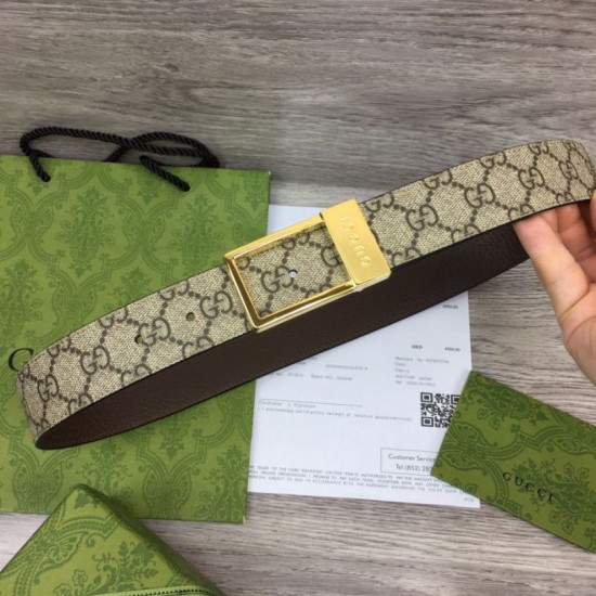 Replica Cintura Gucci GG con fibbia rettangolare 722370 35mm Marrone Oro imitazioni Miglior Prezzo Cintura Gucci GG con fibbia rettangolare 722370 35mm Marrone Oro Replica