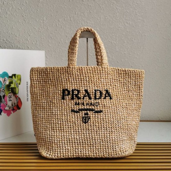 Riproduzione Fedele Borsa tote grande Prada all'uncinetto in filato effetto rafia beige imitazioni