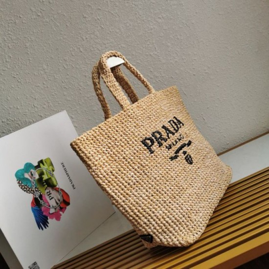 Riproduzione Fedele Borsa tote grande Prada all'uncinetto in filato effetto rafia beige imitazioni