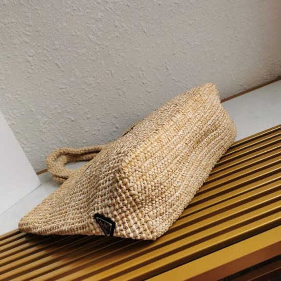 Riproduzione Fedele Borsa tote grande Prada all'uncinetto in filato effetto rafia beige imitazioni