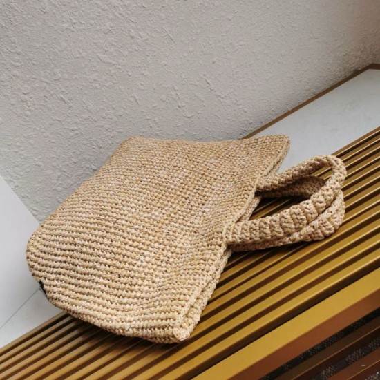 Riproduzione Fedele Borsa tote grande Prada all'uncinetto in filato effetto rafia beige imitazioni