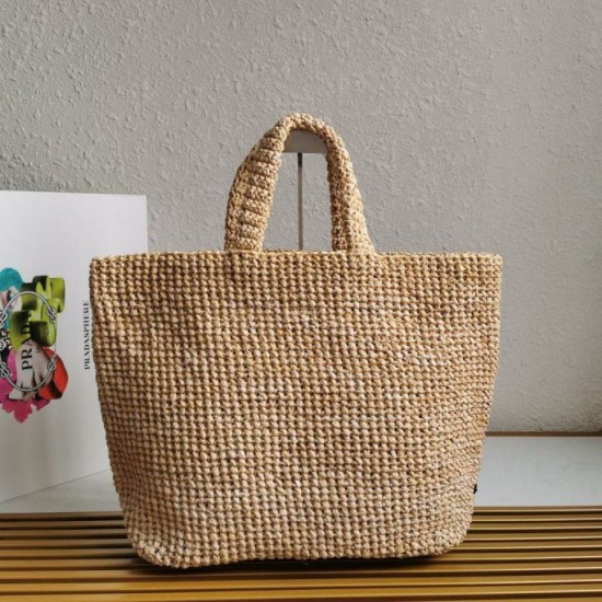 Riproduzione Fedele Borsa tote grande Prada all'uncinetto in filato effetto rafia beige imitazioni