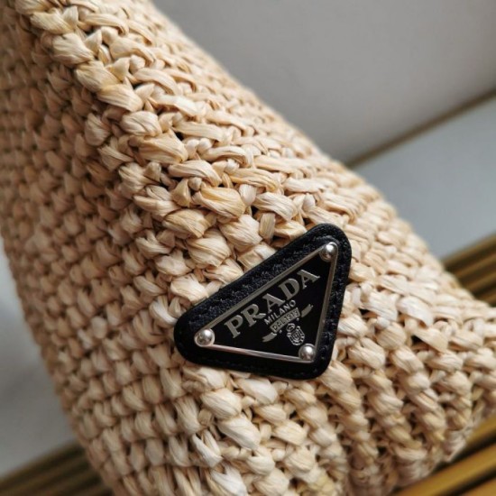 Riproduzione Fedele Borsa tote grande Prada all'uncinetto in filato effetto rafia beige imitazioni
