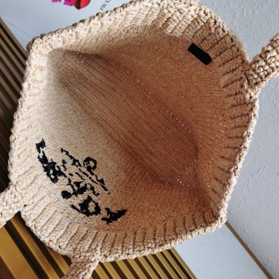 Riproduzione Fedele Borsa tote grande Prada all'uncinetto in filato effetto rafia beige imitazioni