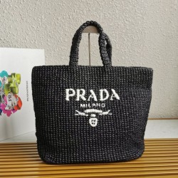 Replica Prada Large Crochet Tote Bag Raffia-effect Yarn Nero Riproduzione Fedele Prada Large Crochet Tote Bag Raffia-effect Yarn Nero imitazioni